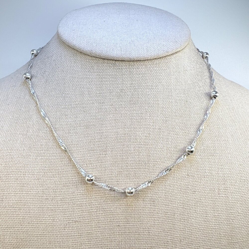 VTG Sterling Silver 925 Ball Bead Curb Link Station Chain Size 16" Length